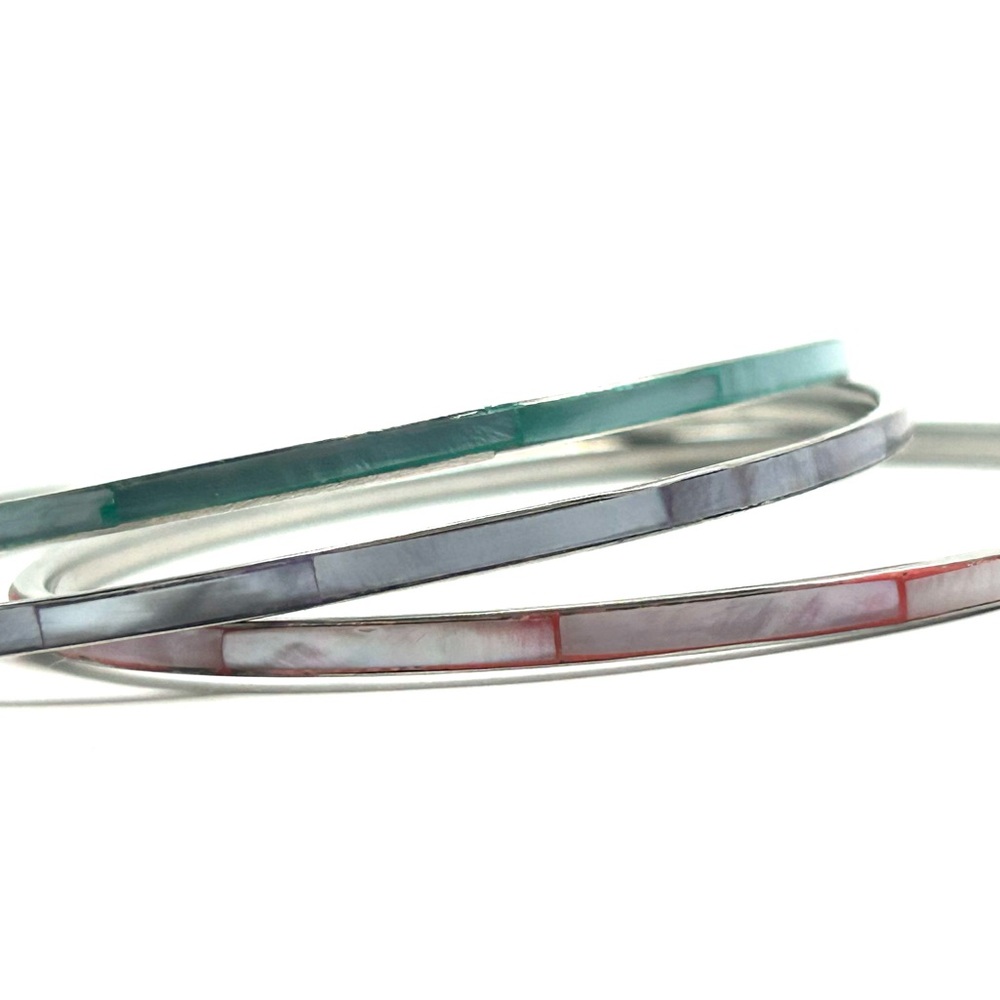 Vintage MOP Colorful Bangle Bracelets set in Silver Pastel Pink Blue Green EUC